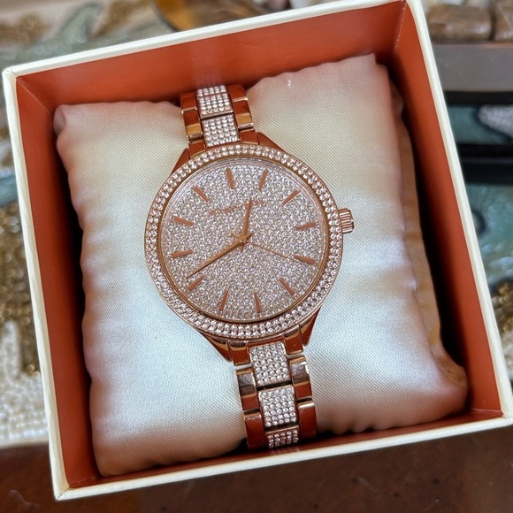 Michael Kors Pave Crystal Rose Gold Tone Watch Slim Runway Sparky Mid-Sized main image 14